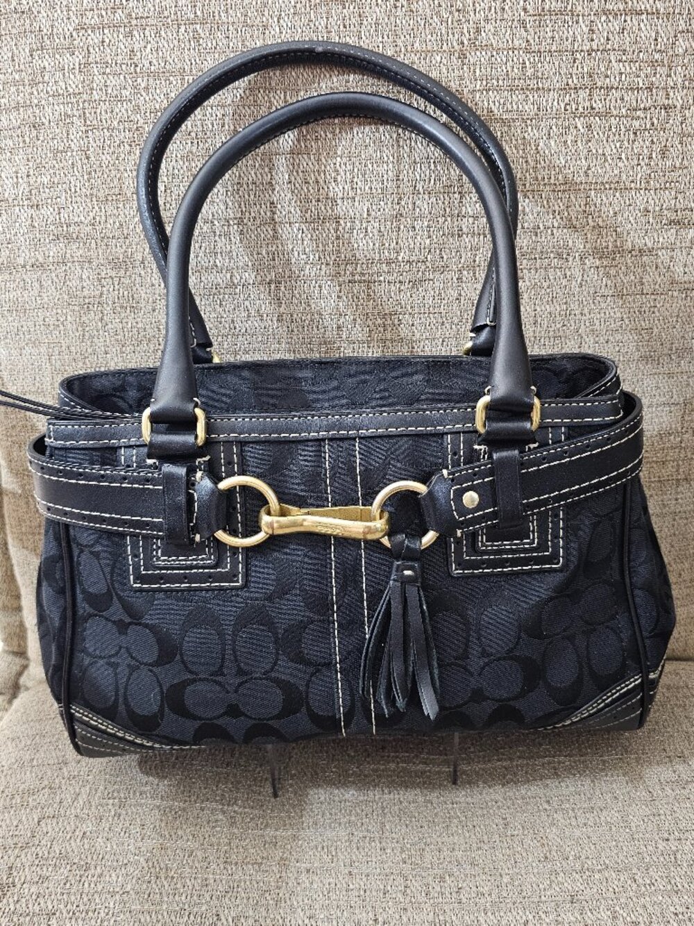 Vintage Coach 10507 Black Signature Jacquard Leather Satchel Y2K 2007